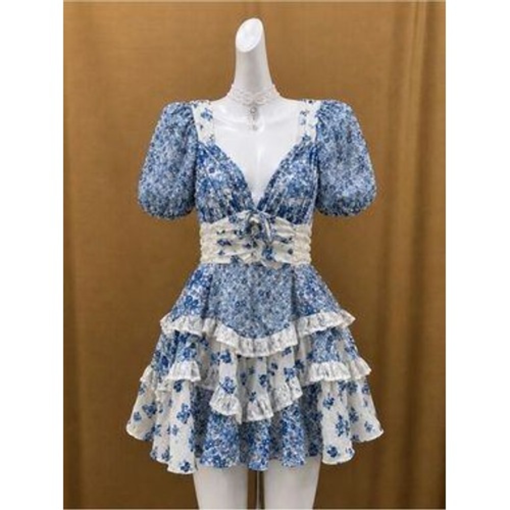 Altar'd State Blue and White Floral Tiered Mini Dress